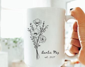 Personalized Auntie Est. Mug, Wildflower New Aunt Gift, Pregnancy Announcement Mug