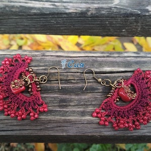 Chandelier Crochet Earrings, Bohemian Crochet Lace Earrings, Red Earrings, Crochet Jewelry, Beaded Earrings