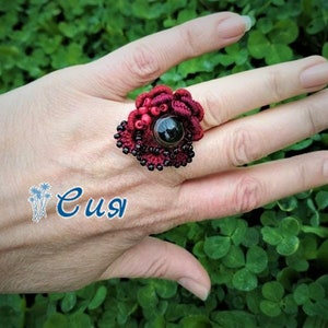 Agate Ring, Red Crochet Ring, Boho Ring, Adjustable Ring