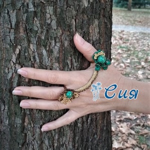 Double Finger Ring, Crochet Double Finger Ring, Green Azurite Ring, Crochet Ring, Boho Ring, Adjustable Ring