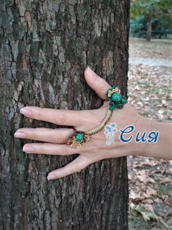 Double Finger Ring, Crochet Double Finger Ring, Green Azurite Ring