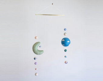 Brass Mobile No 2. Moon and Clouds. Pom Pom. Sculptural. Abstract. Shapes. Needle Felted. Wool. Decor. Home. Mobile. Interior. Design.