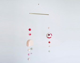 Brass Mobile No 1. Pink and Red. Pom Pom. Sculptural. Abstract. Shapes. Needle Felted. Wool. Decor. Home. Mobile. Interior. Design. Green.