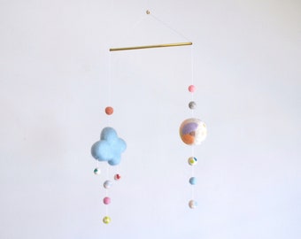 Brass Mobile No 4. Baby Blue and Pastels. Pom Pom. Sculptural. Abstract. Shapes. Needle Felted. Wool. Decor. Home. Mobile. Interior. Design.