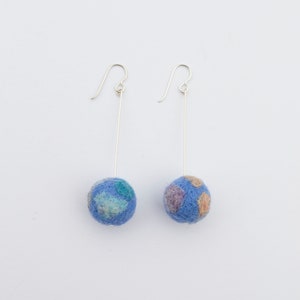 Blue Silver Pom Pom Earrings. Felted Wool. Pom Poms. Needle Felted. Fiber Jewelry. Lightweight. Sterling Silver. Colorful Earring. Abstract. image 2