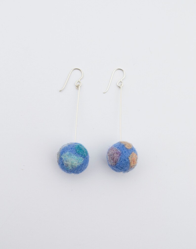 Blue Silver Pom Pom Earrings. Felted Wool. Pom Poms. Needle Felted. Fiber Jewelry. Lightweight. Sterling Silver. Colorful Earring. Abstract. image 2