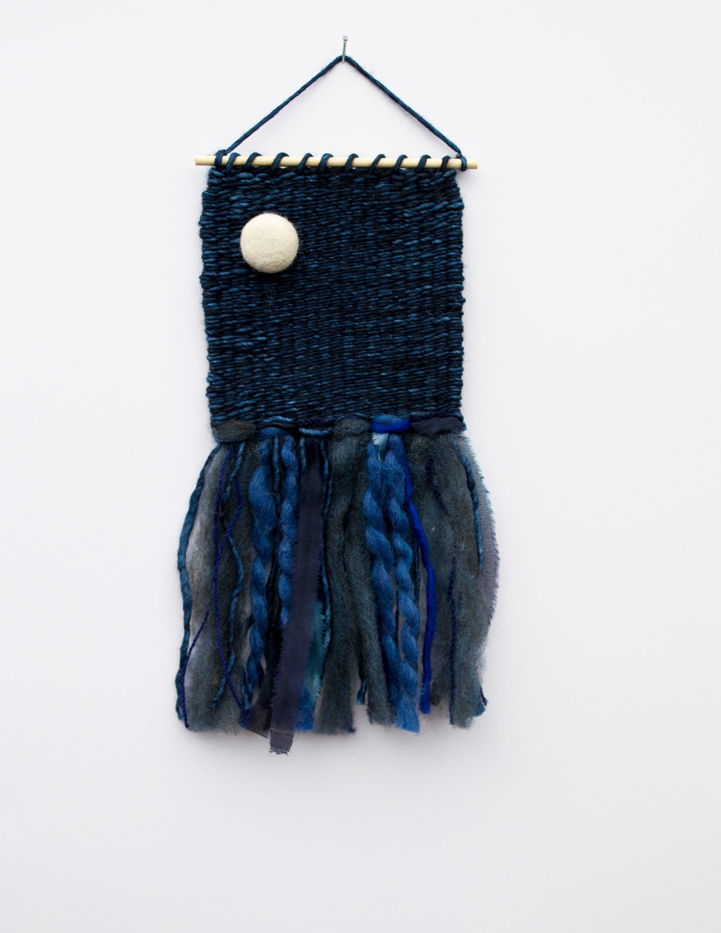 Mini Moon Woven Wall Hanging, Weaving, Tapestry, Navy, Blue, Needle Felting, Small, Nursery Decor, B