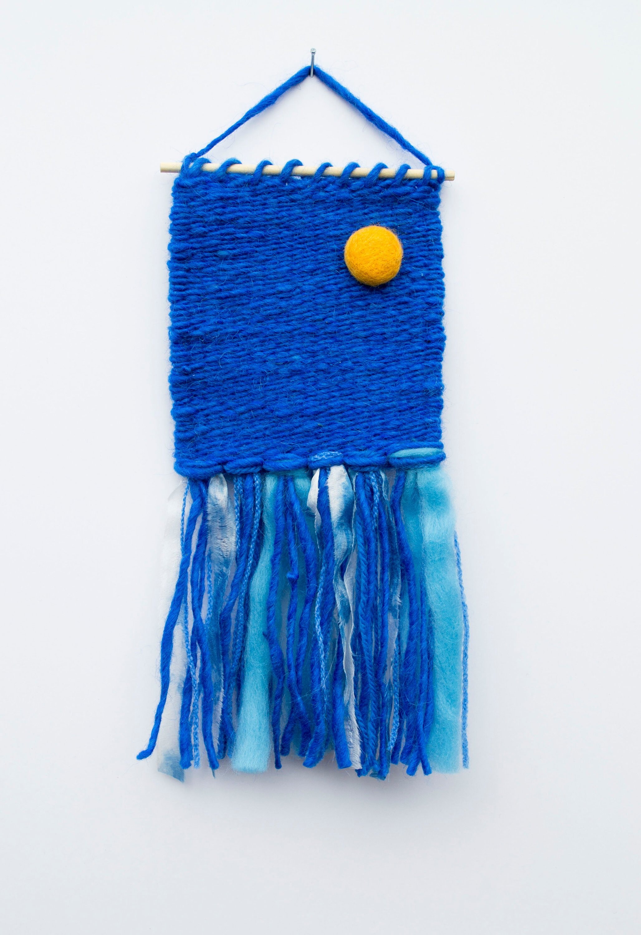 Mini Sun Woven Wall Hanging, Weaving, Tapestry, Yellow, Blue, Needle Felting, Small, Nursery Decor, 