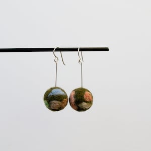 Olive Silver Short Pom Pom Earrings. Felted Wool. Pom Poms. Needle Felted. Fiber Jewelry. Lightweight. Gold Fill. Colorful Earring. Rainbow.