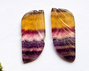 Seltener Multi Fluorit Edelstein, 12 x 30 mm, passendes Paar, ausgefallene Form Carving Cabochon Paar, natürlicher AAA + Multi Fluorit Edelstein Cabochon