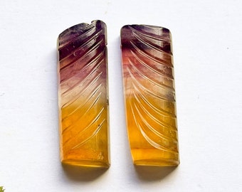 Seltener Multi Fluorit Edelstein, 12 x 30 mm, passendes Paar, ausgefallene Form Carving Cabochon Paar, natürlicher AAA + Multi Fluorit Edelstein Cabochon