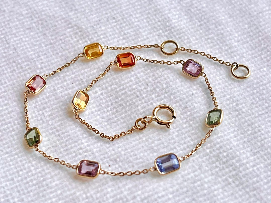 レインボーサファイアベゼルセッティングチェーンブレスレット 18K