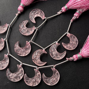 Rose Quartz Carved Crescent Moon Shape Beads, 15x15mm, 6 Pieces, Natural Rose Quartz Carving Beads, Rose Quartz carving, Moon Shape Beads