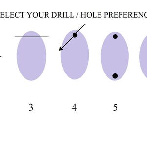 Może przedstawiać: Diagram przedstawiający siedem owalnych kształt&oacute;w z r&oacute;żnymi preferencjami wiercenia/otwor&oacute;w. Tekst "SELECT YOUR DRILL / HOLE PREFERENCE" znajduje się na g&oacute;rze. Każdy owal ma linię lub kropkę wskazującą pożądane miejsce wiercenia. Sz&oacute;sty owal ma wymiar 3 mm.