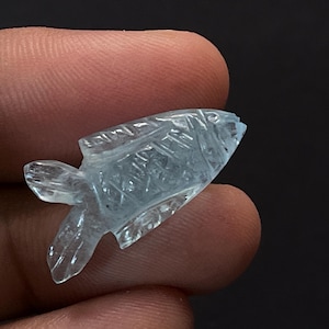 May include: A carved, light blue gemstone fish figurine. The fish has detailed etched lines and fins. The gemstone is held between fingers against a dark background. The fish is a decorative item.