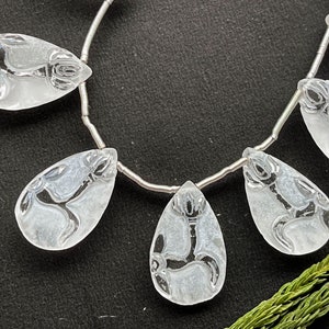 10 Pieces Natural Crystal Carved Frosted Pear Shape Beads, Natural Crystal Gemstone, Crystal carved Beads, Crystal carving Beads