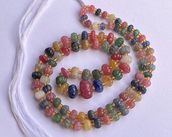 22 Inch Multi Precious Gemstones Ruby, Sapphire, Emerald Hand carved Melons Shape beads, Carved Pumpkin Beads, Rondelle Carving Beads
