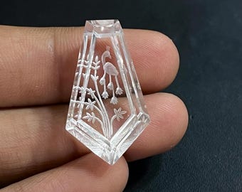 Natural Crystal gemstone Hand carved Fantasy cut reverse Peacock carving, 16x30x8mm