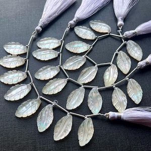 iridescence effect, Natural Mother of Pearl and Crystal Doublet leaf carving beads, Hand carved gemstone beads for jewelry making, 10x20mm