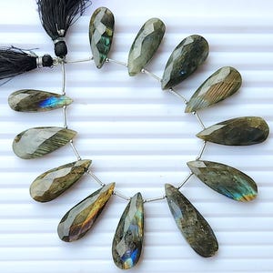 Labradorite Faceted Briolette Pear Shape Beads, 10X28 To 13X36MM, 7 inch, 12 Pieces, Natural Gemstone Beads for Jewelry Making