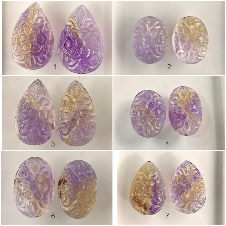 Puede incluir: Conjunto de ocho cabujones de piedra preciosa de amatista y citrino tallados. Los cabujones est&aacute;n tallados con dise&ntilde;os florales y tienen un degradado de color p&uacute;rpura y amarillo. Los cabujones est&aacute;n numerados del 1 al 8.