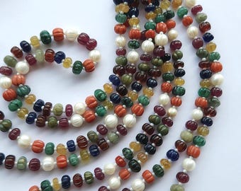 Natuurlijke Navratan gesneden meloenkralen, Navratan-meloenen, Navratan-stenen ketting, edelstenen kralen, Navagraha-kralen, 16 inch