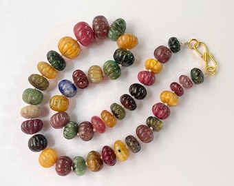 Natural Multi Precious Gemstones Ruby, Sapphire, Emerald Hand carved Melons Shape beads, Carved Pumpkin Beads, Rondelle Carving Beads