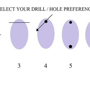 Puede incluir: Diagrama que muestra siete opciones diferentes para la colocaci&oacute;n de agujeros de perforaci&oacute;n en un colgante. Las opciones incluyen un solo agujero en el centro, un solo agujero descentrado, dos agujeros y dos l&iacute;neas paralelas. La opci&oacute;n 6 muestra una medida de 3 mm.