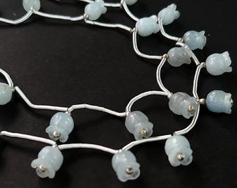 11 Pieces | Natural Aquamarine Lily of the Valley Flower Carving Beads | Milky Aquamarine Flower Carving Beads For Earrings | 7x8 MM|