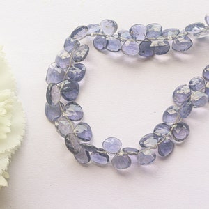 Puede incluir: Un collar de cuentas facetadas en forma de lágrima en tonos de bígaro y lavanda. Las cuentas están ensartadas, formando una forma curva. Una borla blanca es visible al final del collar. Una flor blanca está en el fondo.