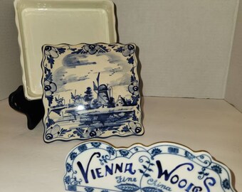 Vintage Vienna Woods Fine China Porcelain Delft Blue Windmill 6" Square Lidded Trinket Tray