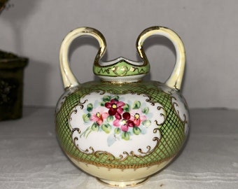 日本製アンティーク手描き花柄金彩磁器取っ手付き花瓶 - Etsy 日本