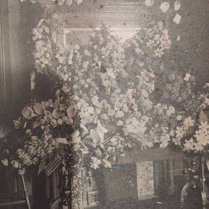 Antique Photo Picture of Funeral Parlor Memorial Casket Flower Display