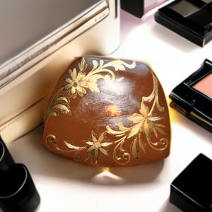 Vintage ondertekend Elgin Amerikaans bruin en goud geëmailleerd bloemenpoeder Compact