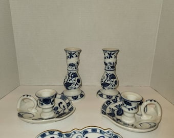 Vintage Vienna Woods Delft Blue Candle Holder & Candlestick Pairs