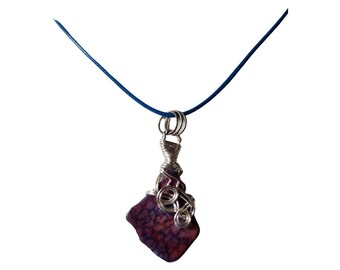Artisan Wire Wrapped Necklace: Pink & Purple Stone on Blue Cord