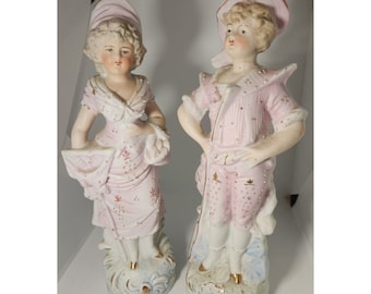 1900s Antique Bavarian Porcelain Figurine Woman and Man Pair Made in Germany