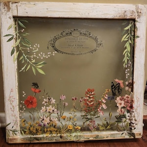 SOLD***Antique  Glass Wood Window Hanging with Floral Transfers *Vintage Window* Repurposed / Recycled Art (please note)