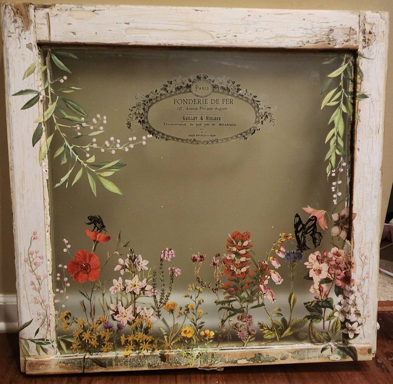 Antique Glass Wood Window Hanging With Floral Transfers vintage Window