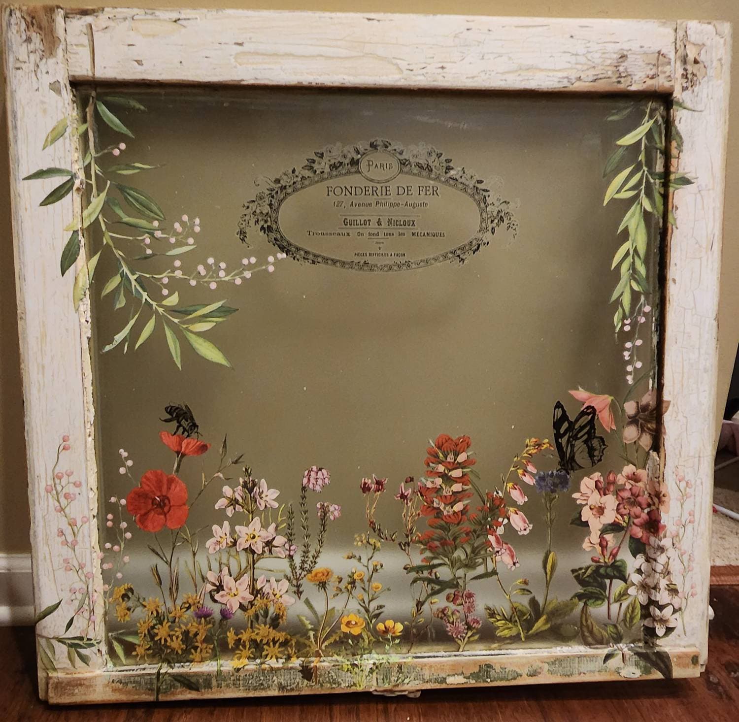Antique Glass Wood Window Hanging With Floral Transfers vintage Window