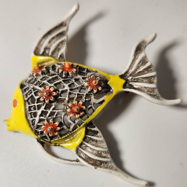 Vintage Mid Century ARTHUR PEPPER Angel Fish Enamel Yellow Orange Pin Brooch 1960s