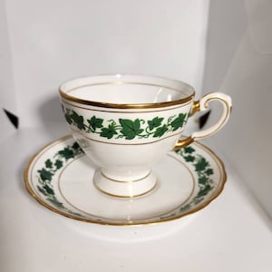 Vintage Tuscan Tea Cup and Saucer Green Ivy and Gold Trim