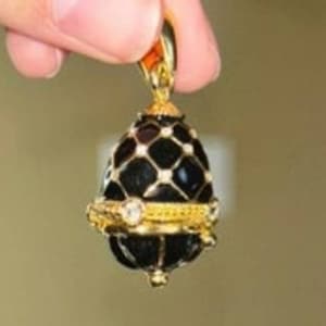 Vintage Miniature Black Rhinestone Fabriche Egg Pendant Medicine Holder