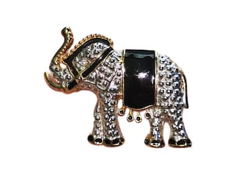 Vintage Gold Tone Silver Black Enamel Elephant Figural Fashion Brooch