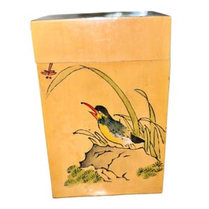 Chinese Bamboo Vintage Tea Box Caddy Cannister Hand Painted Bird Art