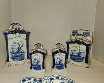 Vintage Vienna Woods Fine China Porcelain Delft Blue Windmill Cannister Holder
