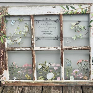 Antique Glass Wood 6 Pane Window Hanging with Floral Bird *Vintage Window* Repurposed / Recycled Art