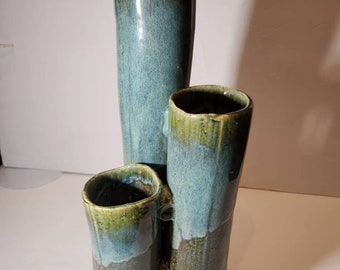 Tall Tri-Cylinder Heavily Glazed Green Blues Vases Adjoined Together Twi-ware Signed 2002