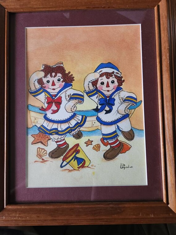 Framed Raggedy Ann & Andy Watercolor, Nautical Beach Art - Etsy
