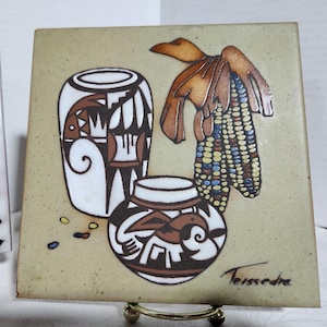 Hand Painted Ceramic Tile | Southwest Pottery Design | Vintage 6x6 Art Tile | Rustic Boho Wall Decor Trivet
